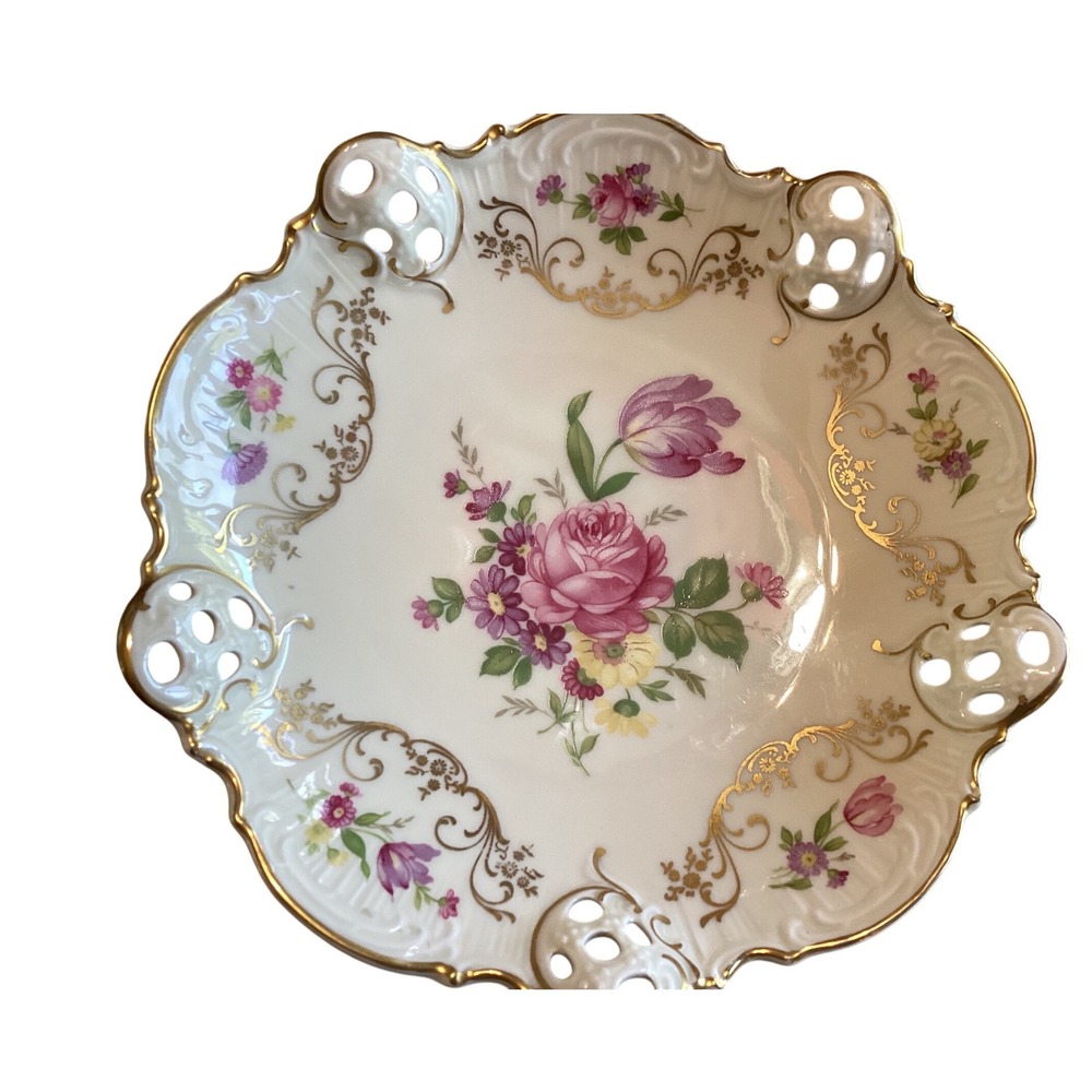 Rosenthal Kronach Germany‎ Moliere Floral Reticulated Porcelain Bowl Gold Gilt